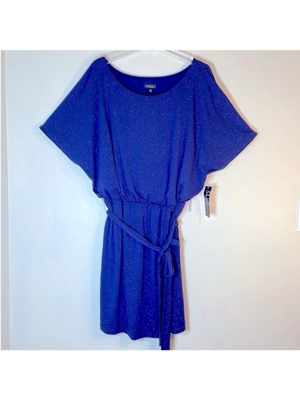 S. L. Fashions Roller Glitter Fresh Navy Blouson Dolman Dress. 18W. NWT.  $119!